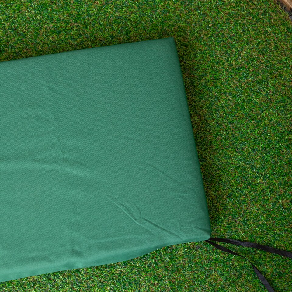 image 1 of 2 Seater Chunky Rustic Wooden Garden Furniture Bench With Coffee Table & Green Cushions