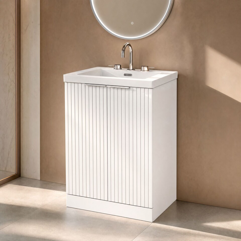 image 1 of Balterley Callingwood Contemporary Floor Standing 2 Door Vanity Unit with 3 Tap Hole Fireclay Basin , 600mm, Matt White