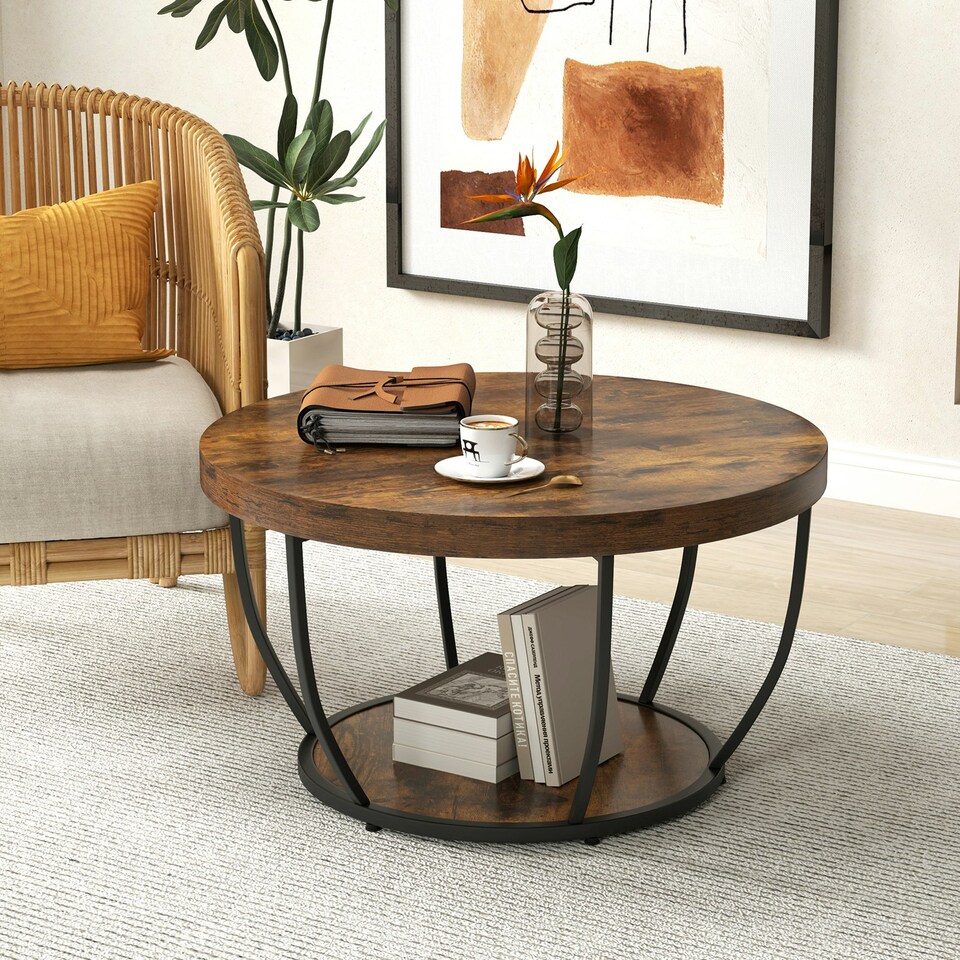 image 1 of COSTWAY 2-Tier Round Coffee Table 80cm Tea Cocktail Table Brown