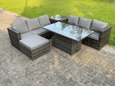 Fimous 7 Seater Outdoor Rattan Sofa Set Adjustable Rising Lifting Dining Table Side Tea Coffee Table Footstool Dark Grey Mixed