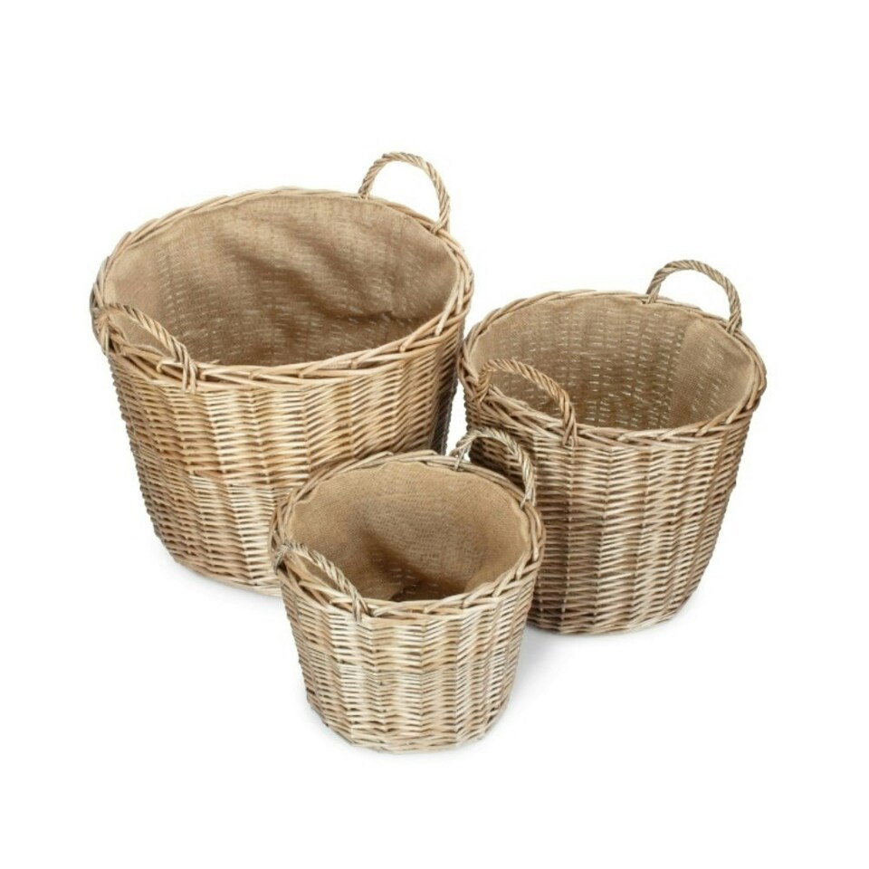 image 1 of Set of 3 Chestnut Finish Wicker Round Lined Log Basket