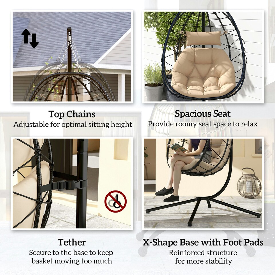 image 1 of Outsunny Garden Egg Chair Outdoor Hanging Swing Chair, Folding Basket, Grey 