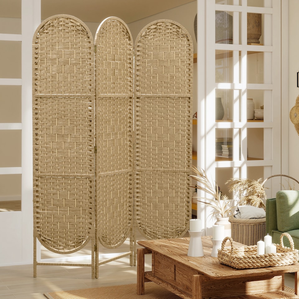 image 1 of HOMCOM 3-Panel Folding Freestanding Privacy Screen, Natural Wood Finish