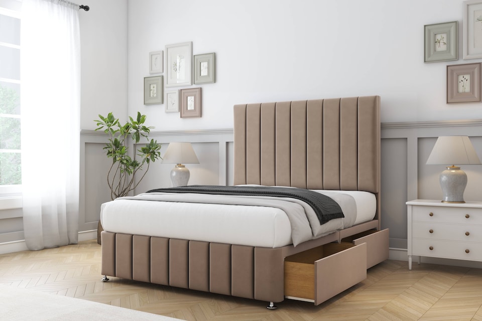 image 1 of Sloomy California Mink Plush Divan Bed Base 2 Drawers Right Side With 26 Inch Strutted Headboard & 12 Inch Matching Footboard | Brown | Mink | Super King | 1