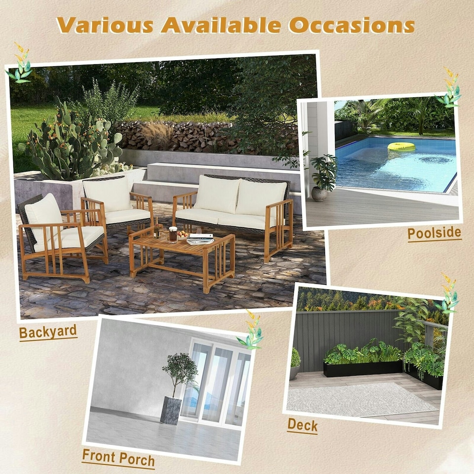 image 1 of COSTWAY 4 PCS Outdoor Patio Rattan Chair Table Set w/Cushions