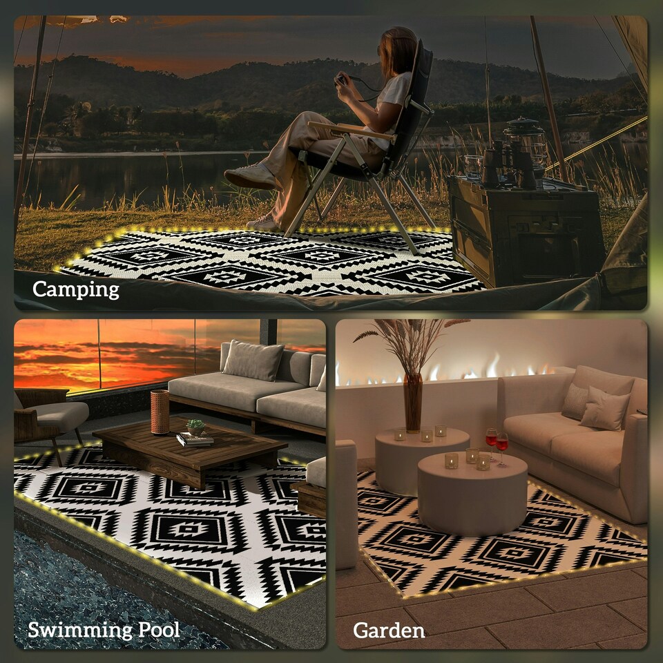 image 1 of Outsunny Waterproof Outdoor Rug W/ LED String Light, 182 x 274cm, Black & White Black | Black and Coffee