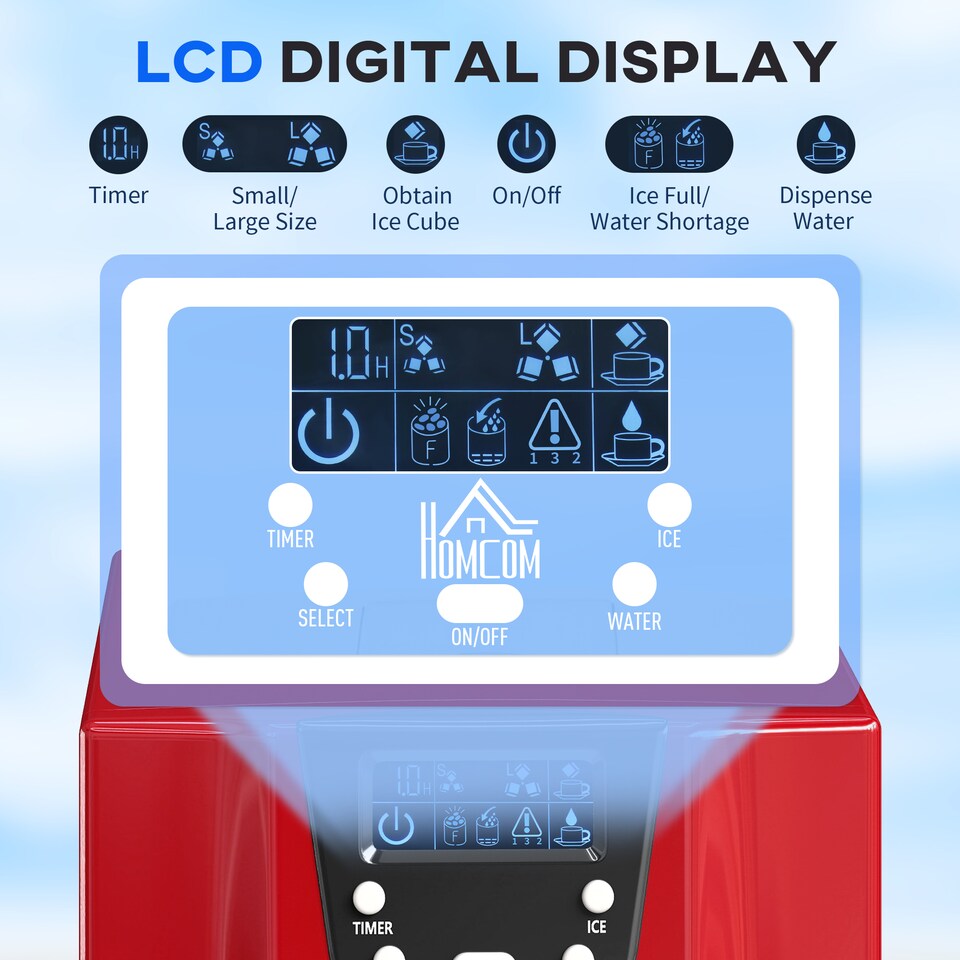 image 1 of HOMCOM 3L Ice Maker Machine and Water Dispenser, 12kg in 24H, 2 Size Options 9 Ice Cubes Ready in 6-10 Mins Countertop Ice Machine for Home, Kitchen, Office, Bar, Red