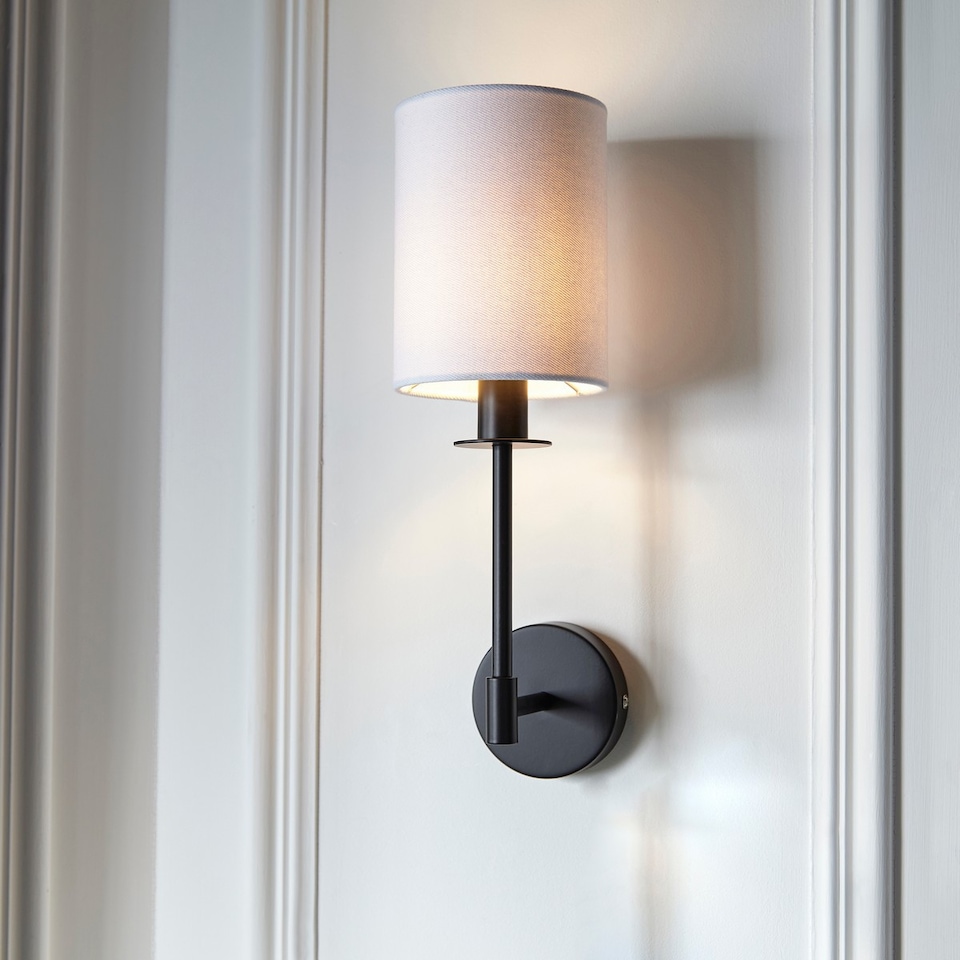 image 1 of Sancerre Wall Lamp with Shade Matt Black, Vintage White Fabric, 1x E14