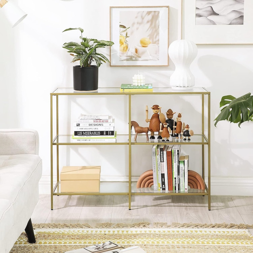 image 1 of 3-Tier Glass Sofa Console Table with Storage Shelves, Easy Assembly, Gold
