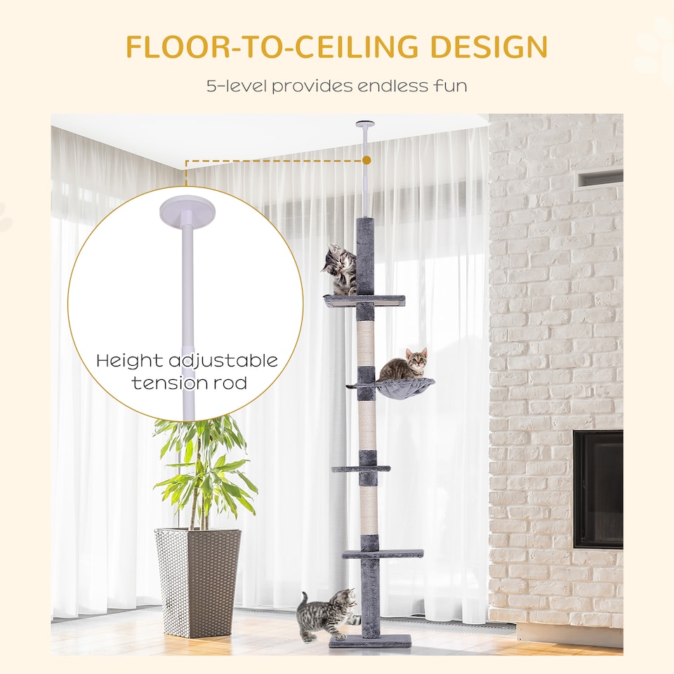 image 1 of PawHut Floor to Ceiling Cat Tree 5-Tier Climbing Tower Scratching Post