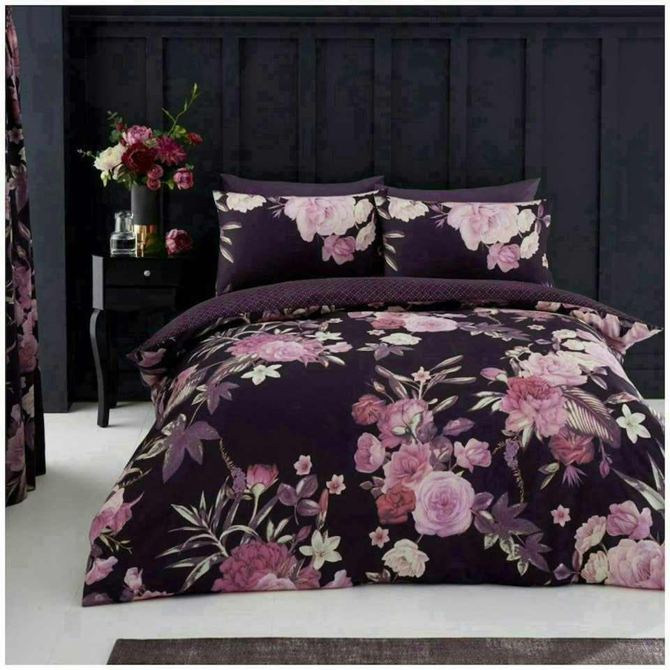 image 1 of VELVETIO Flora Printed Duvet Cover Set Reversible Polycotton Easy Care Beddings Purple | Double