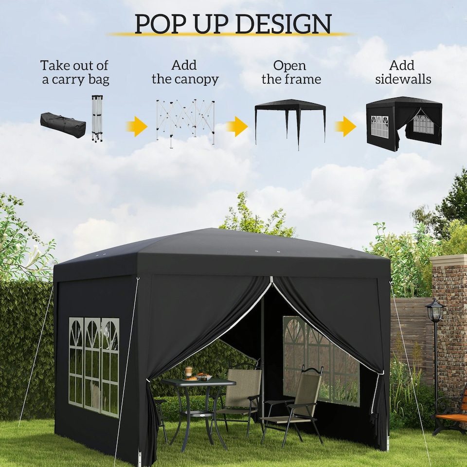image 1 of Outsunny 3mx3m Pop Up Gazebo Party Tent Canopy Marquee with Storage Bag Black