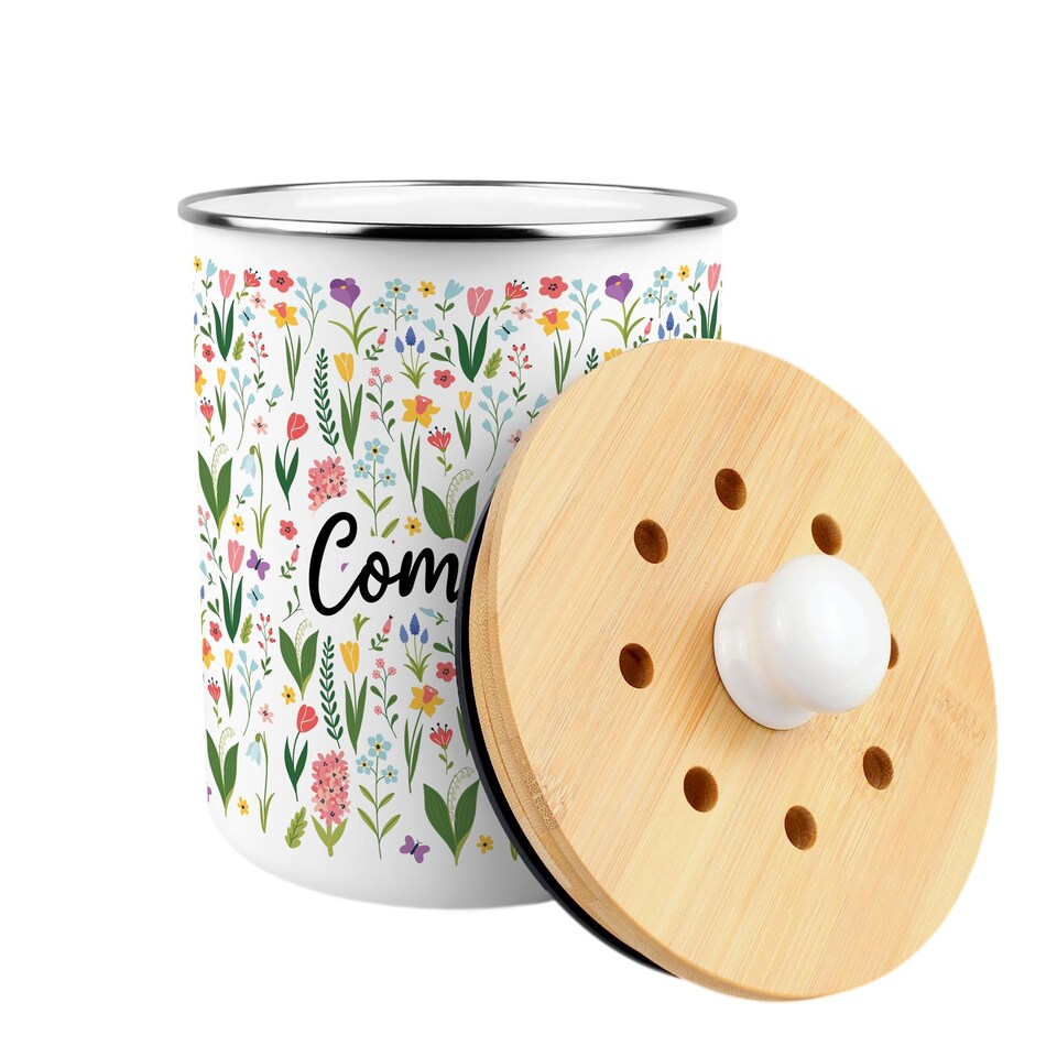 image 1 of Spring Flowers Compost Caddy - Metal 2L Decorative Kitchen Food Waste Bin