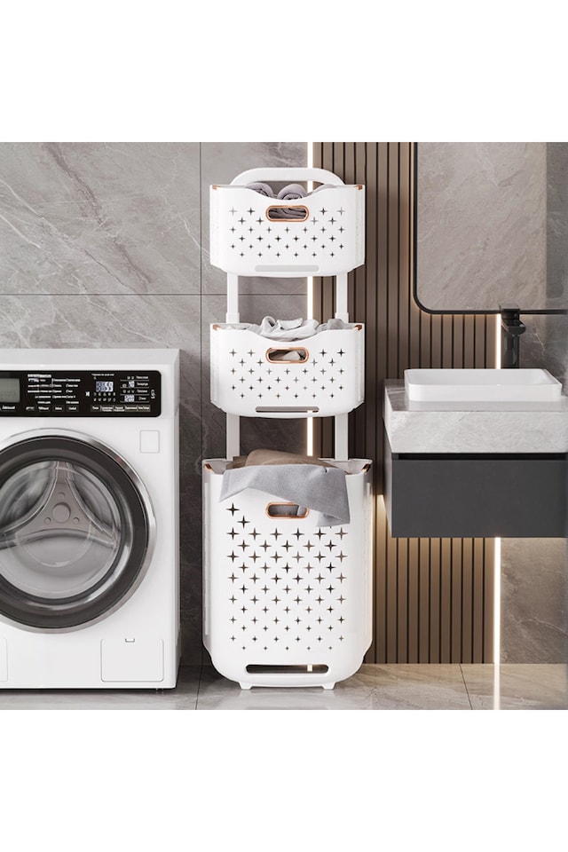 image 1 of Living and Home 3-Tier Foldable Laundry Baskets with Casters,L