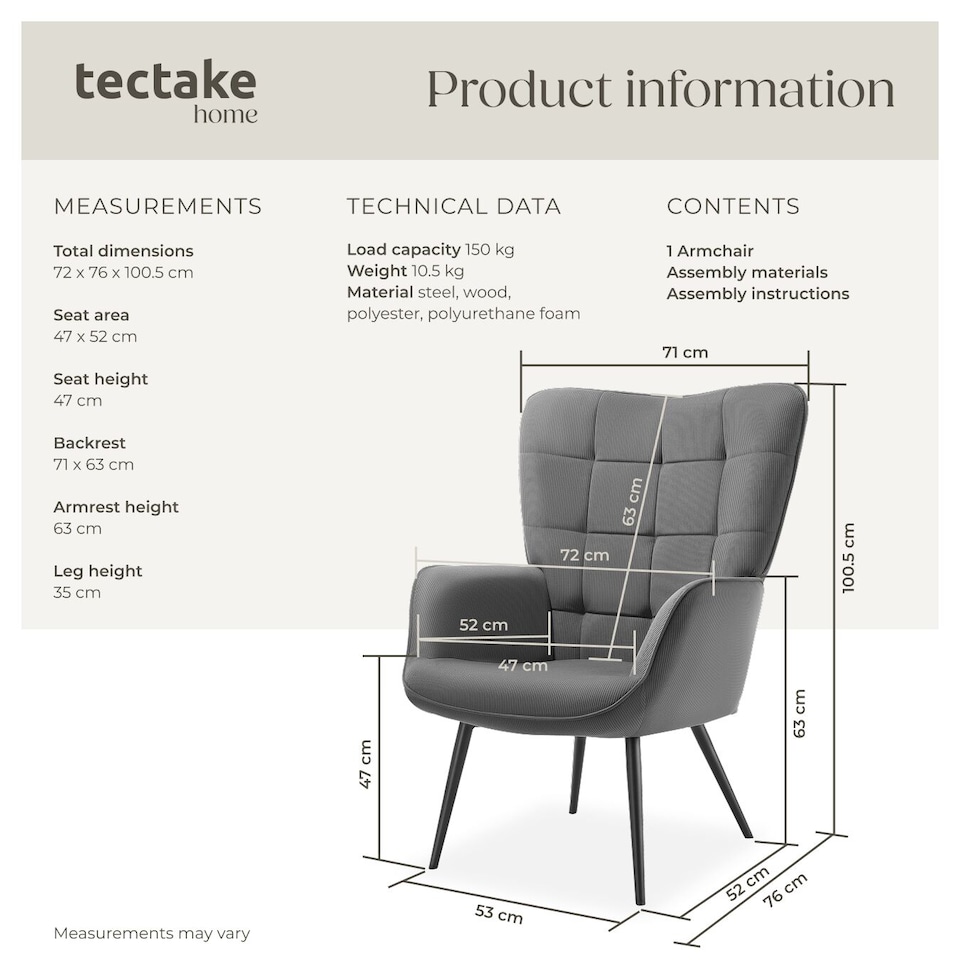 image 1 of Armchair Hygge - padded, armrests and ergonomic backrest, 150 kg load capacity | Grey | Fine cord anthracite/black | One Size | 1