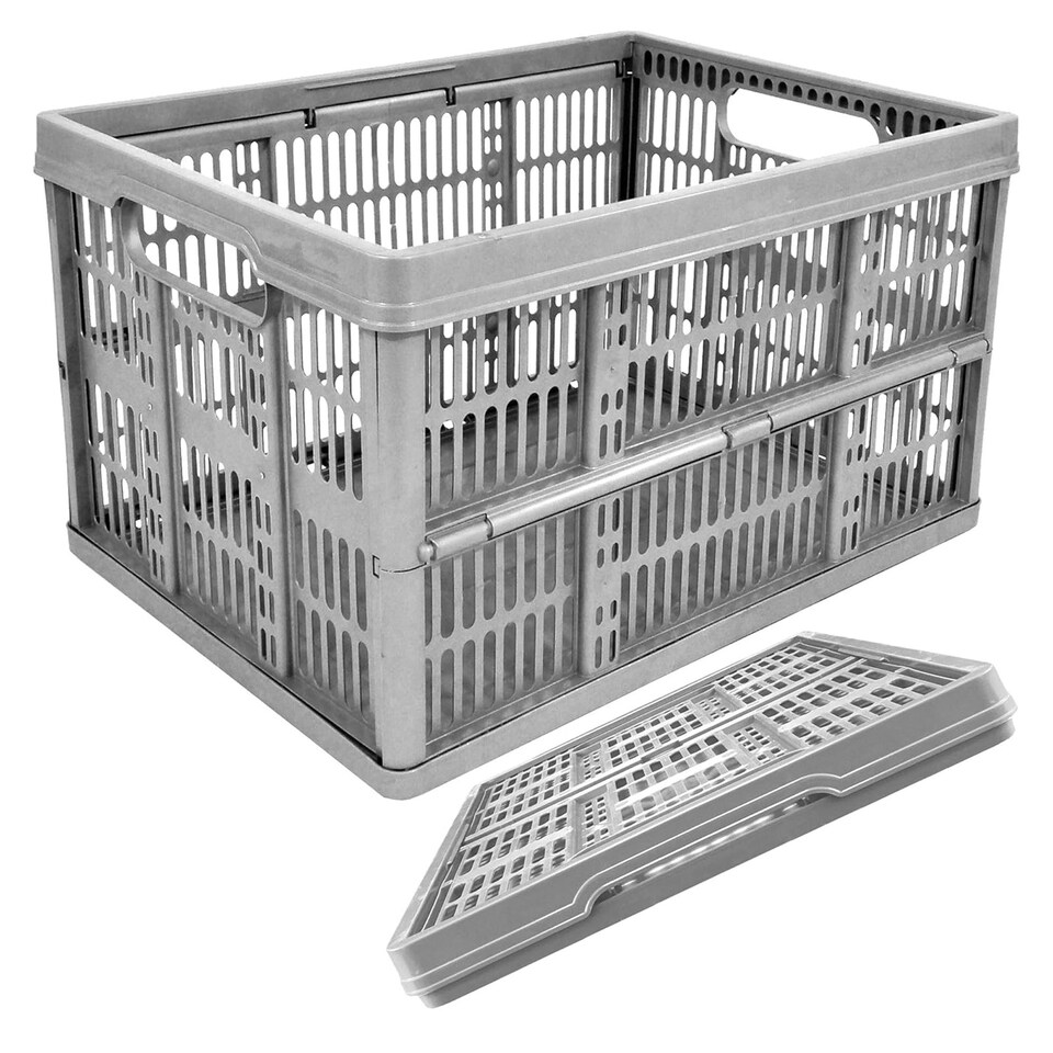 image 1 of 3 x Grey 32L Plastic Folding Crate Boxes With Handles Collapsible, Foldable & Stackable Grey