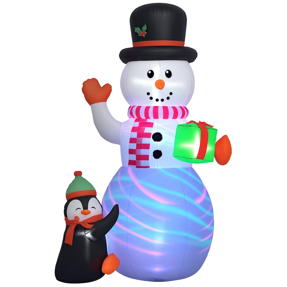 image 1 of Outsunny 8FT Inflatable Snowman Holding Gift Box w/ Penguin and LED Lights