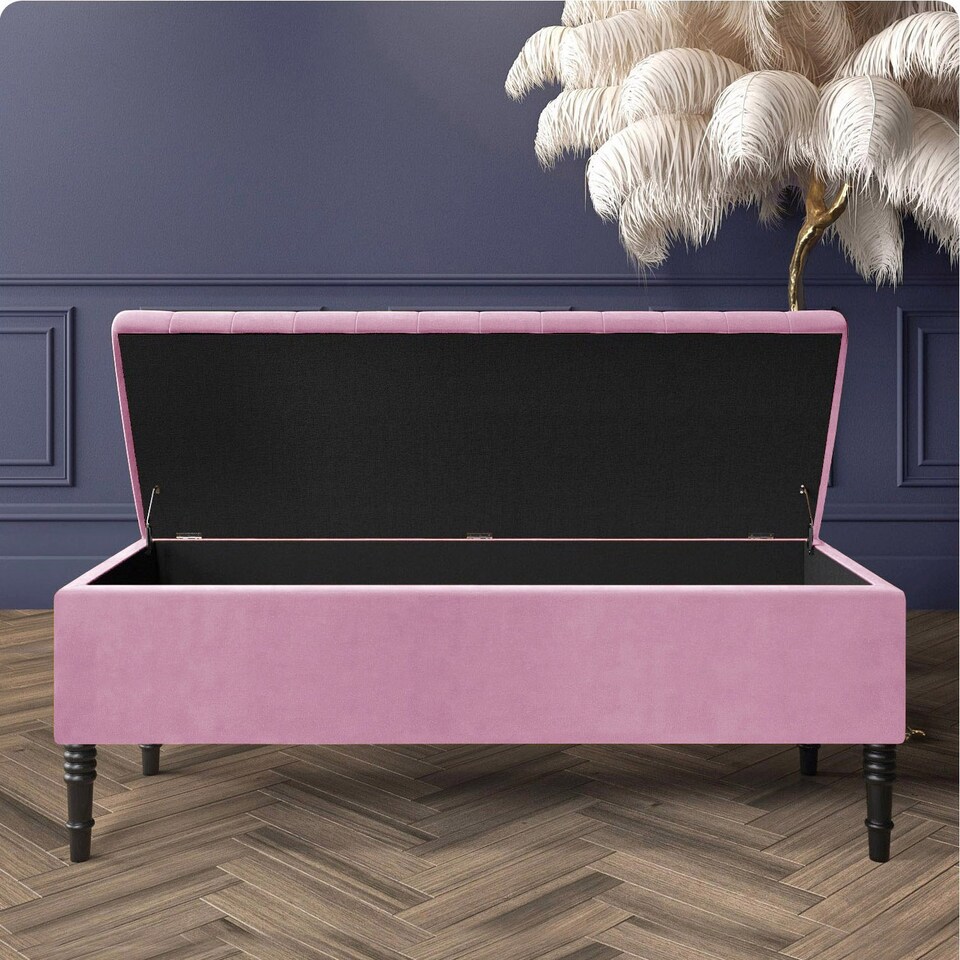 image 1 of 120cm Paris Striped Ottoman Storage Bench- Plush Velvet Shoe Bench - Pink Upholstery Footstool with Storage