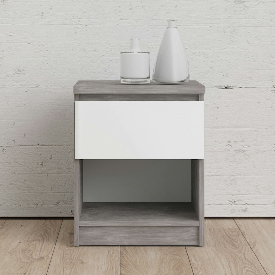 image 1 of Naia Bedside 1 Drawer 1 Shelf in Concrete and White High Gloss