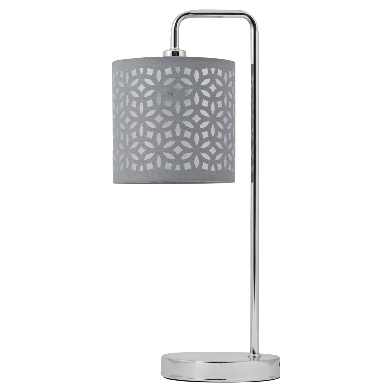 First Choice Lighting Chrome Arched Table Lamp with Grey Laser Cut Shade in Silver