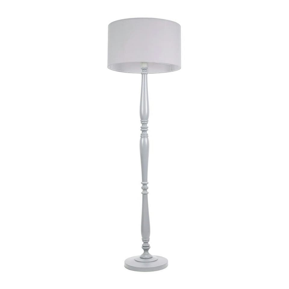 image 1 of ValueLights Victoria Grey Wood Traditional Stem Floor Lamp with Grey Fabric Drum Shade and LED Bulb