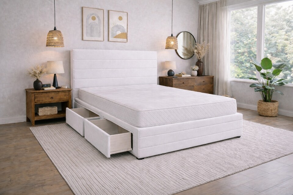 image 1 of Divan Bed Set Headboard and Footboard with Mattress 5ft Kingsize White Suede Storage No Drawers
