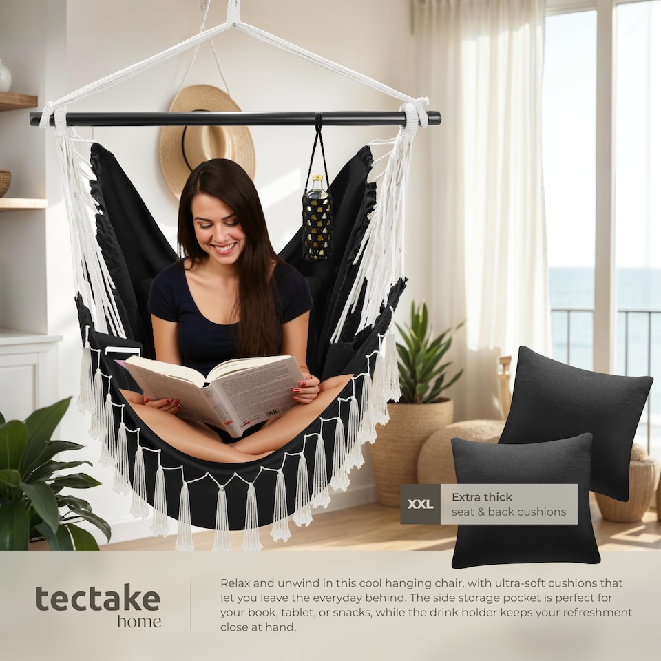 image 1 of Hanging Chair Malika, Boho Style, Load Capacity 150kg | Black | black | One Size | 1