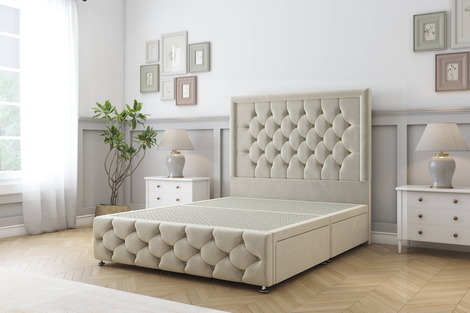 image 1 of Sloomy Vienna Cream Plush Divan Bed Base 4 Drawers With 26 Inch Strutted Headboard & 12 Inch Matching Footboard | Cream | Cream | Super King | 1