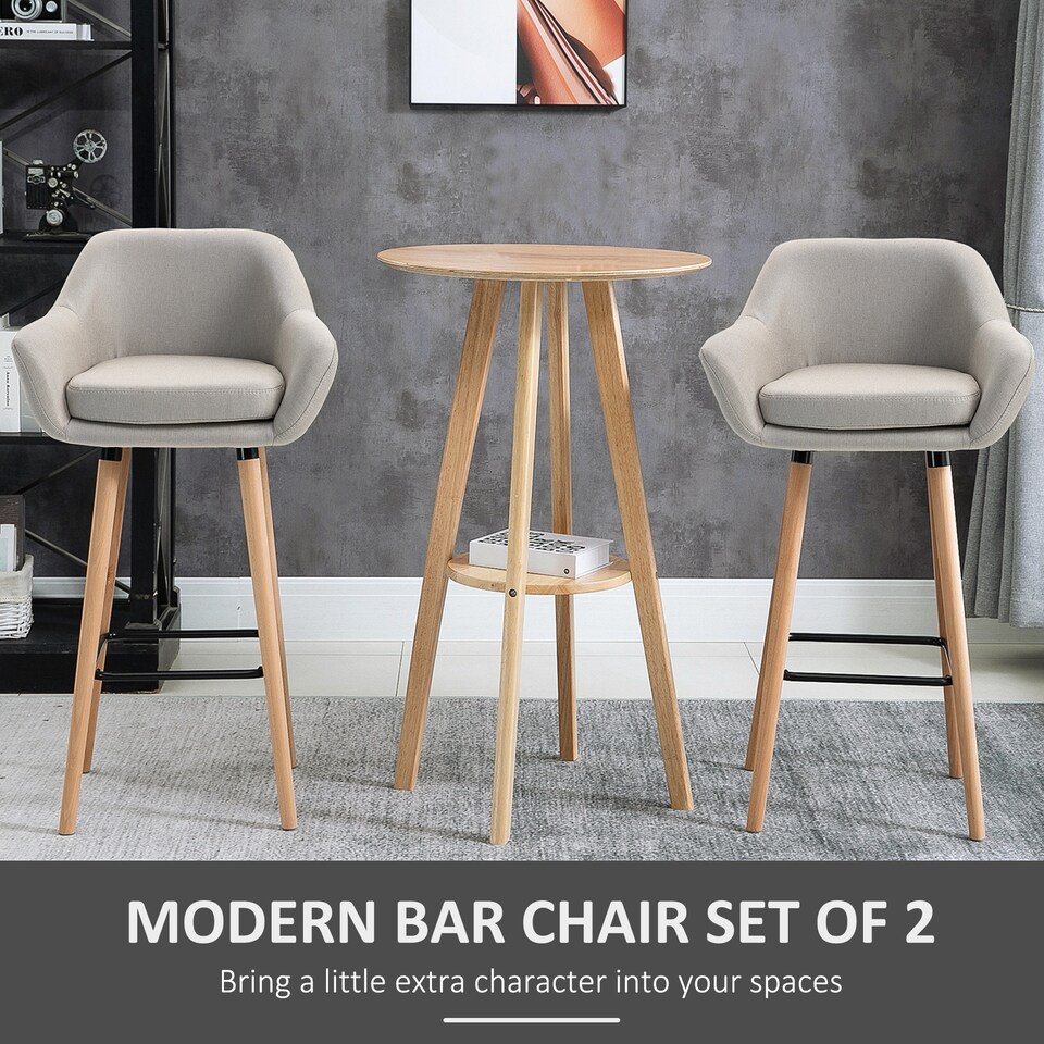 image 1 of HOMCOM Set of 2 Bar Stools Modern Upholstered Seat Bar Chairs with Metal Frame, Solid Wood Legs Living Room Dining Room Fabric Furniture - Beige