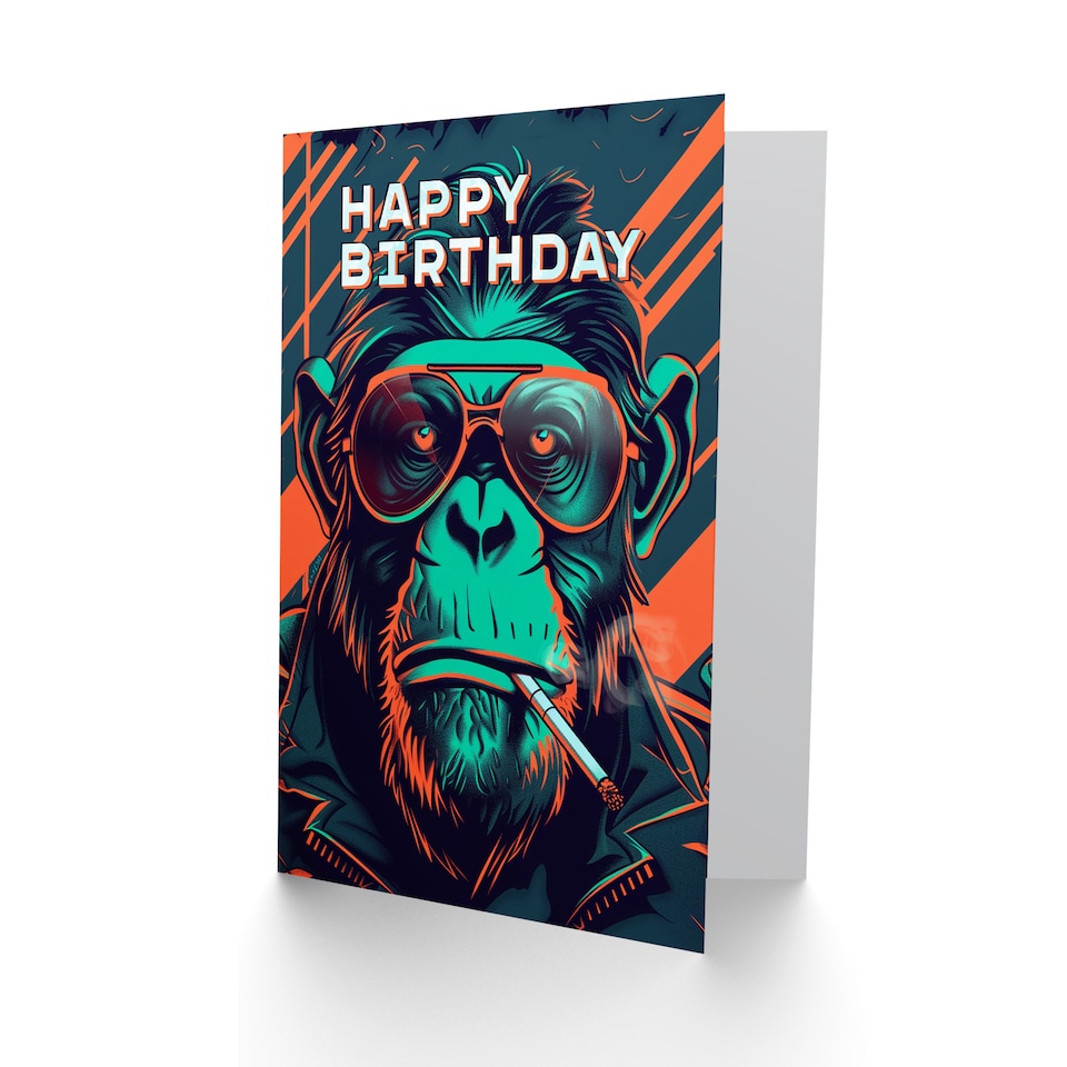 image 1 of Biker Chimp Birthday Card Neon Cyberpunk 1980s Style for Him