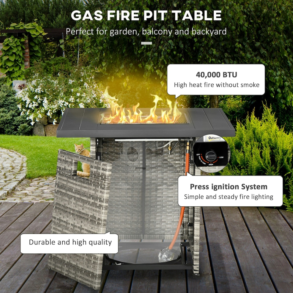 image 1 of Outsunny Fire Pit Table w/ Rain Cover, Mesh Lid & Lava Stone, 40,000 BTU