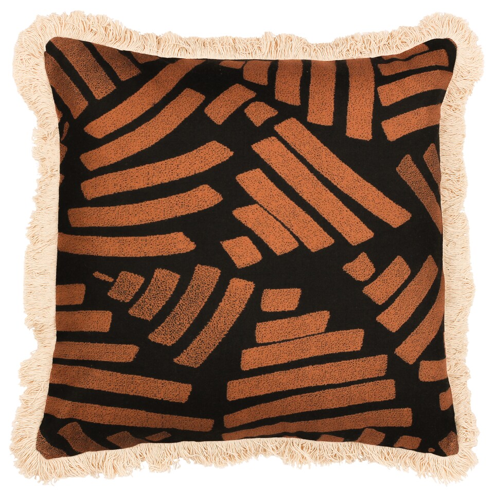 image 1 of Paoletti Oromo Printed Geometric Fringed Cushion, Brown , 45 x 45cm