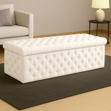 120cm Wide Lux Ottoman Storage Box, White Velvet Upholstered Chesterfield Storage Ottoman Box