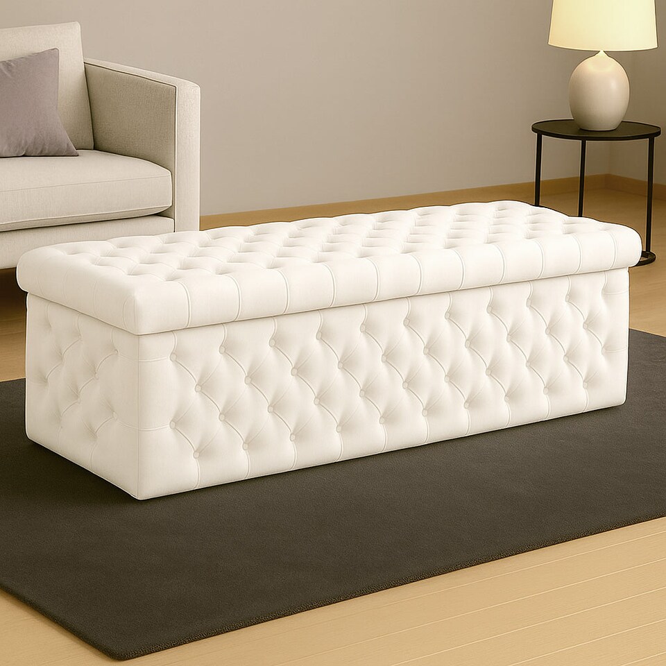 image 1 of 120cm Wide Lux Ottoman Storage Box, White Velvet Upholstered Chesterfield Storage Ottoman Box