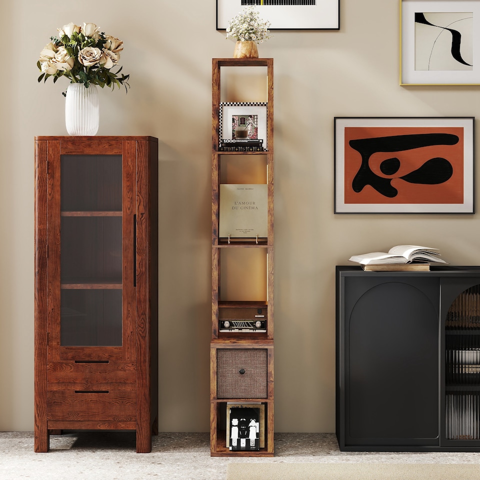 image 1 of HOMCOM Floor Lamp with Shelves, LED Column Modern Standing Lamp with Fabric Drawer, Adjustable Brightness, Foot Switch for Living Room, Bedroom, Office, Rustic Brown | Brown