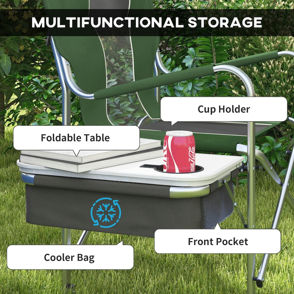 image 1 of Outsunny Folding Directors Chair Aluminium Camping Chair with Cooler Bag Green