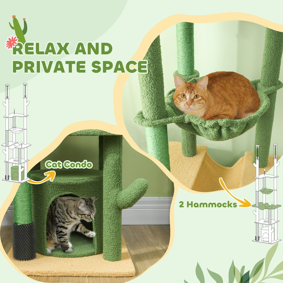 image 1 of PawHut Cat Tower 225-255cm Adjustable with Sisal Posts Hammocks, Green