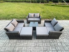 Fimous 8 Seater Outdoor Rattan Garden Furniture Set Conservatory Patio Sofa Coffee Table Set with 2 Big Footstool Dark Grey Mixed