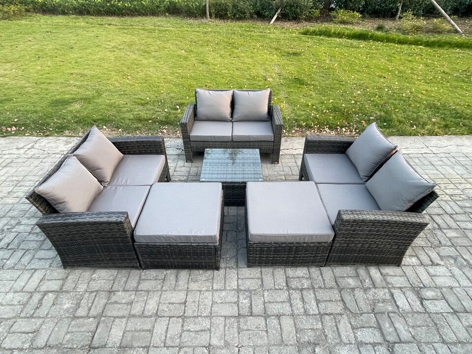 image 1 of Fimous 8 Seater Outdoor Rattan Garden Furniture Set Conservatory Patio Sofa Coffee Table Set with 2 Big Footstool Dark Grey Mixed