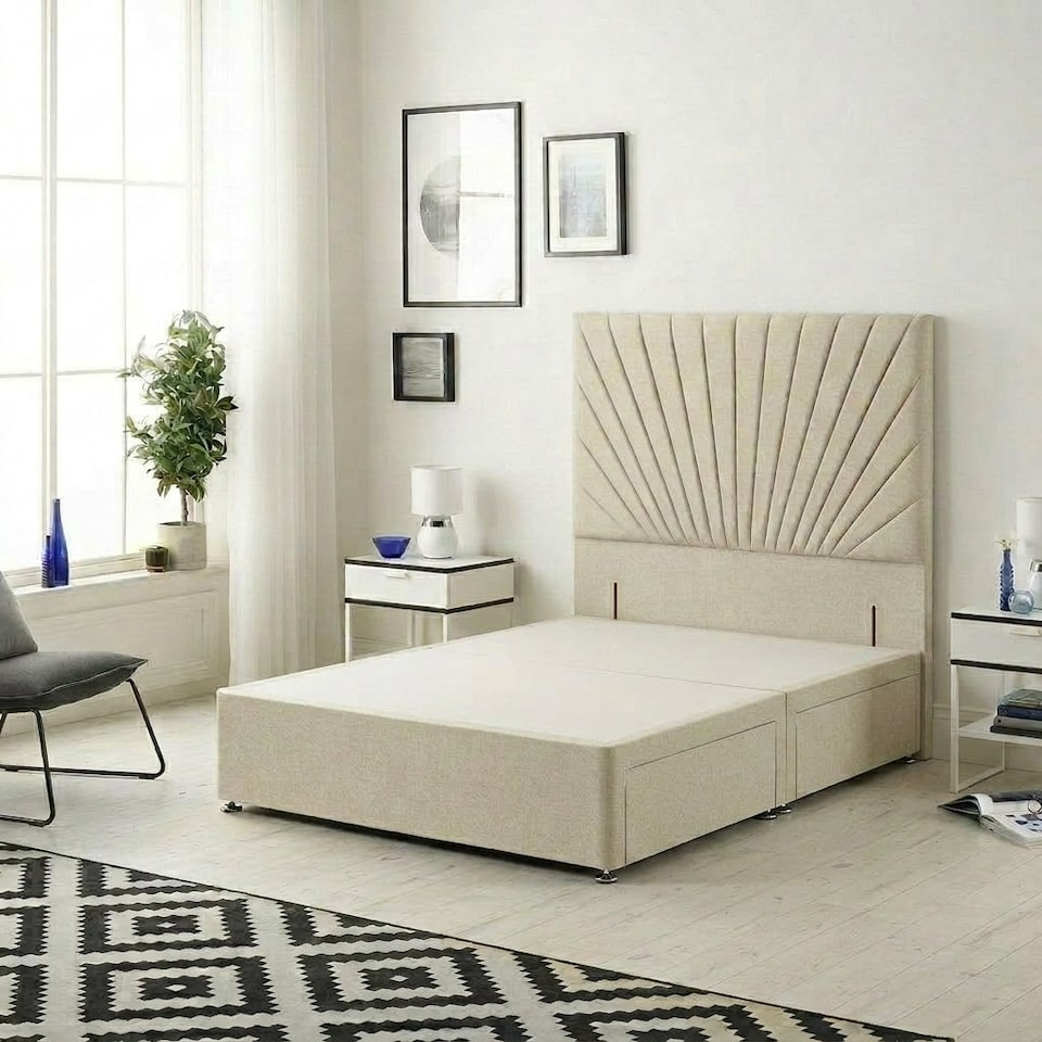 image 1 of Sunburst Divan Bed with 2 Drawers & 54'' Floor Standing Headboard Tweed Fabric | Brown | Natural