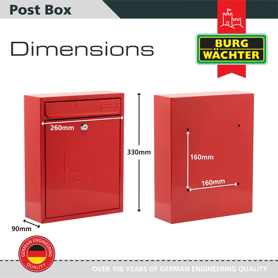 image 1 of Burg-Wachter Compact Wall Mounted Galvanised Steel Post Box - 26x33x9cm Red