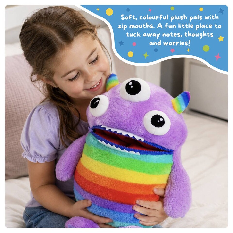 image 1 of Kids Worry Yummy Monster Cuddly Plush Toy Gift Set of 3 - Jumbo, Large and Clip-On Sizes Included