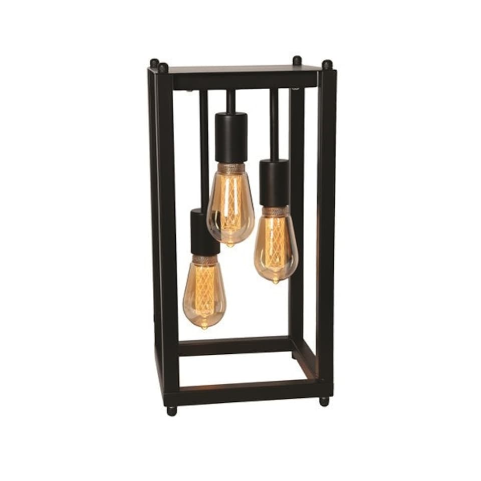 Straits Metal Cuboid Frame Triple Hanging Bulb Lamp | Black