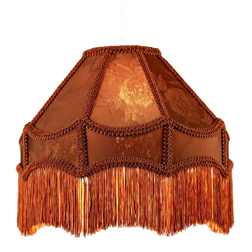 image 1 of Brown Faux Silk Victorian Lampshade with Floral Decor and Long Tassels