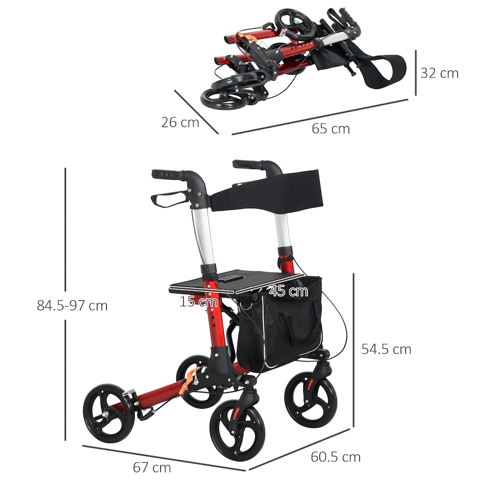 image 1 of HOMCOM Folding Rollator Walker with Seat and Backrest, Lightweight Walking Frame with Detachable Storage Bag, Dual Brakes, Adjustable Handle Height, 4 Wheeled Walker for Seniors, Handicapped, Red
