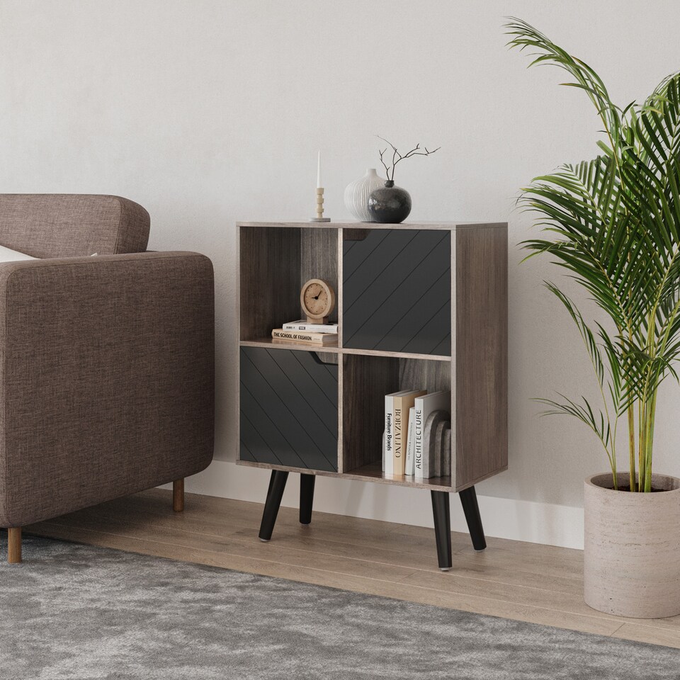 image 1 of Anthracite Oak 4-Cube Storage Unit with 2 Line Doors and Legs | Black | Black & Black | 1