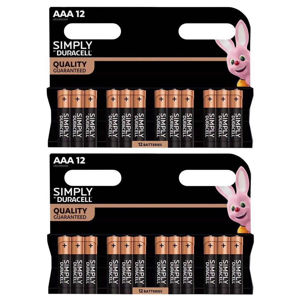 2x Duracell Simply Alkaline Power AAA Batteries, 12 Pack