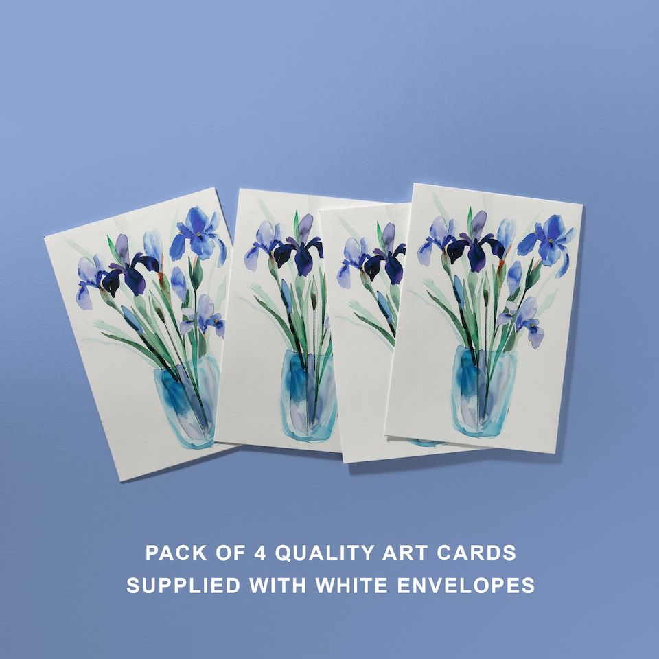 image 1 of Blue Iris Flowers Watercolour Art Cards Pack of 4 Floral Bouquet Greeting Cards