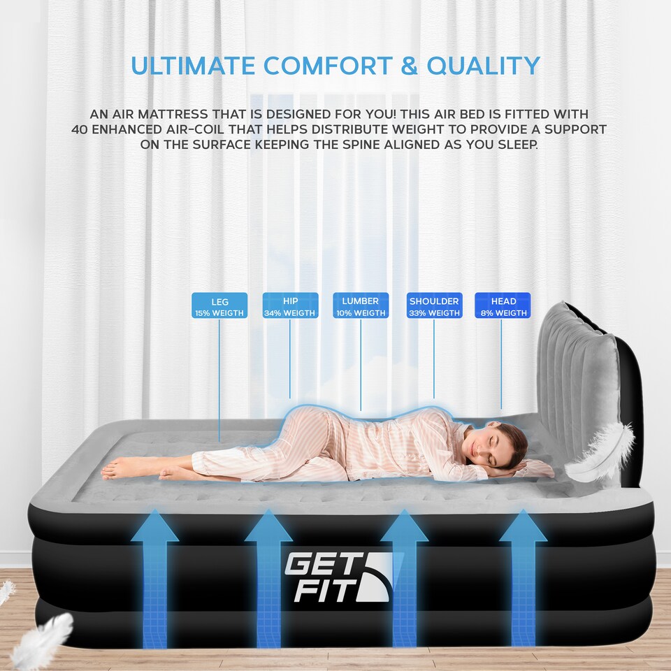 image 1 of Get Fit Air Bed With Built In Electric Pump - Premium King Airbed - Quick Blow Up Bed With Headboard & Free Inflatable Pillow | Black | Black / Grey | 1