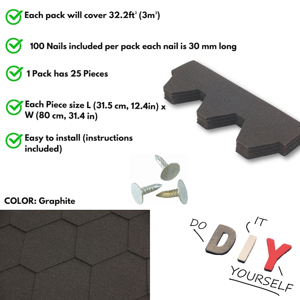 image 1 of Premium Asphalt Roof Shingles - Hexagonal Shape Design 80 x 31.5 cm Weather Resistant Roofing Felt (25 Pcs)